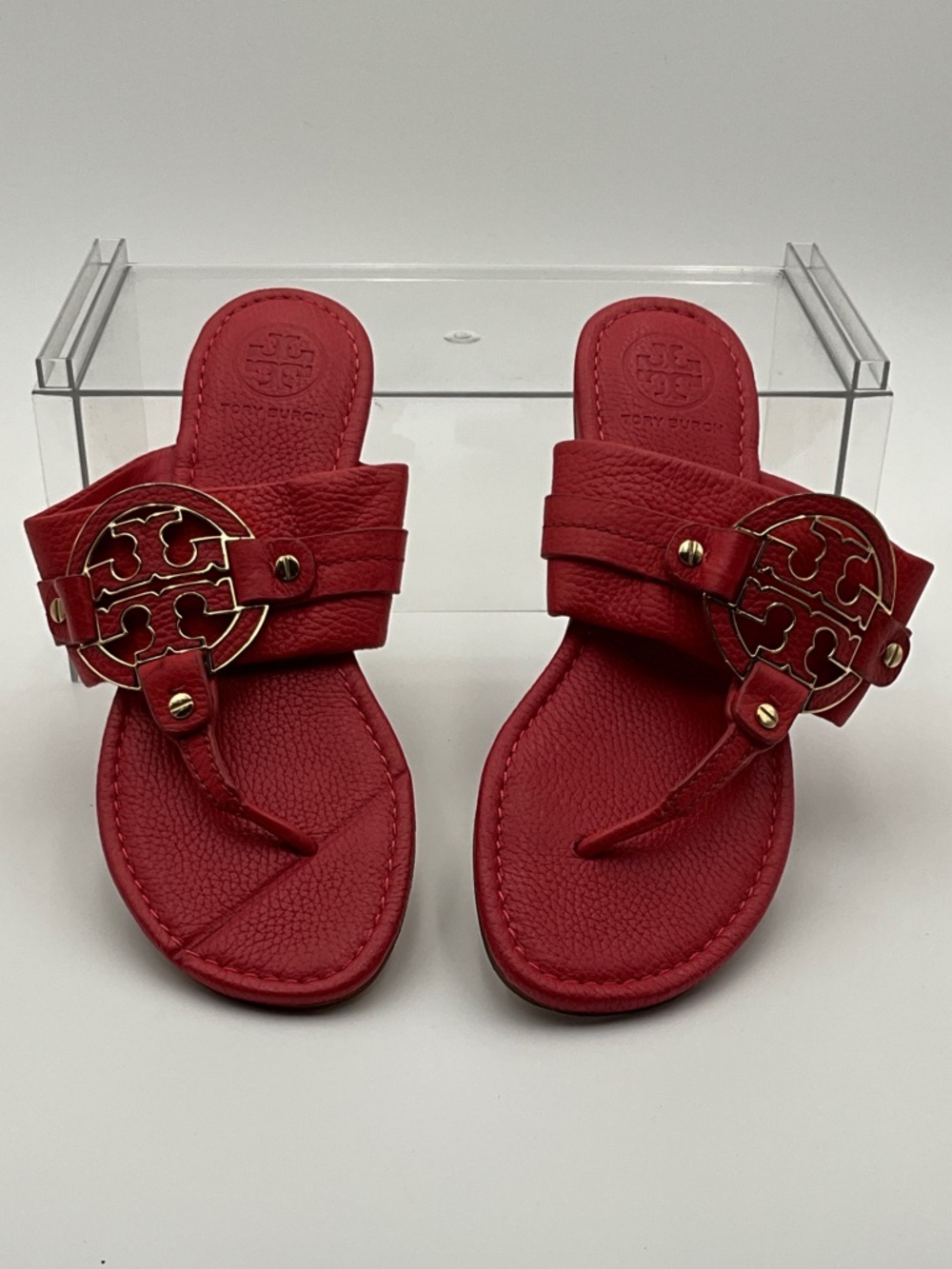 Tory Burch orange Red Leather Miller Sandals with Gold Medallion 8 1/2 W